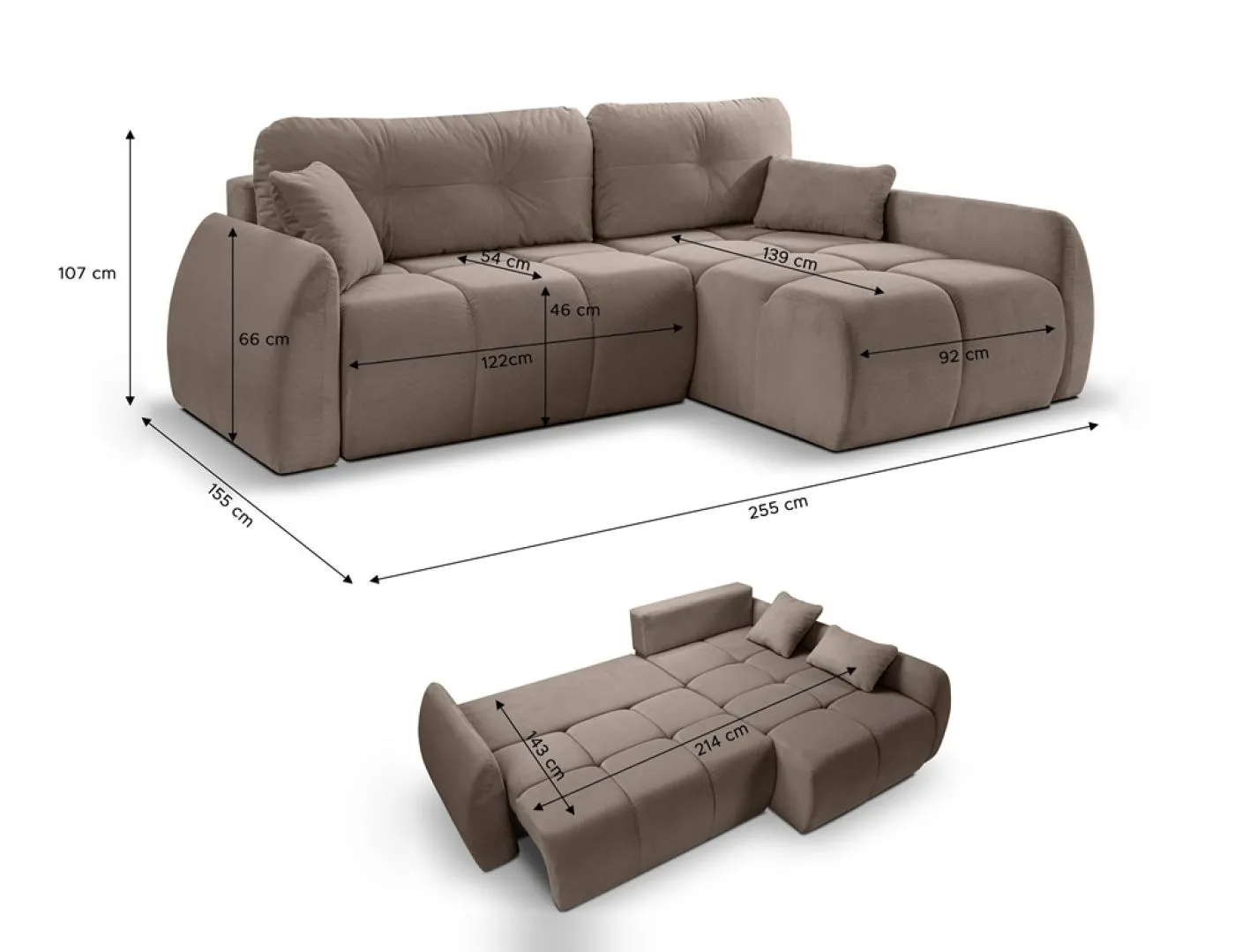 Long Eckschlafsofa Sancho rechts | 255cm | Cord | braun-beige