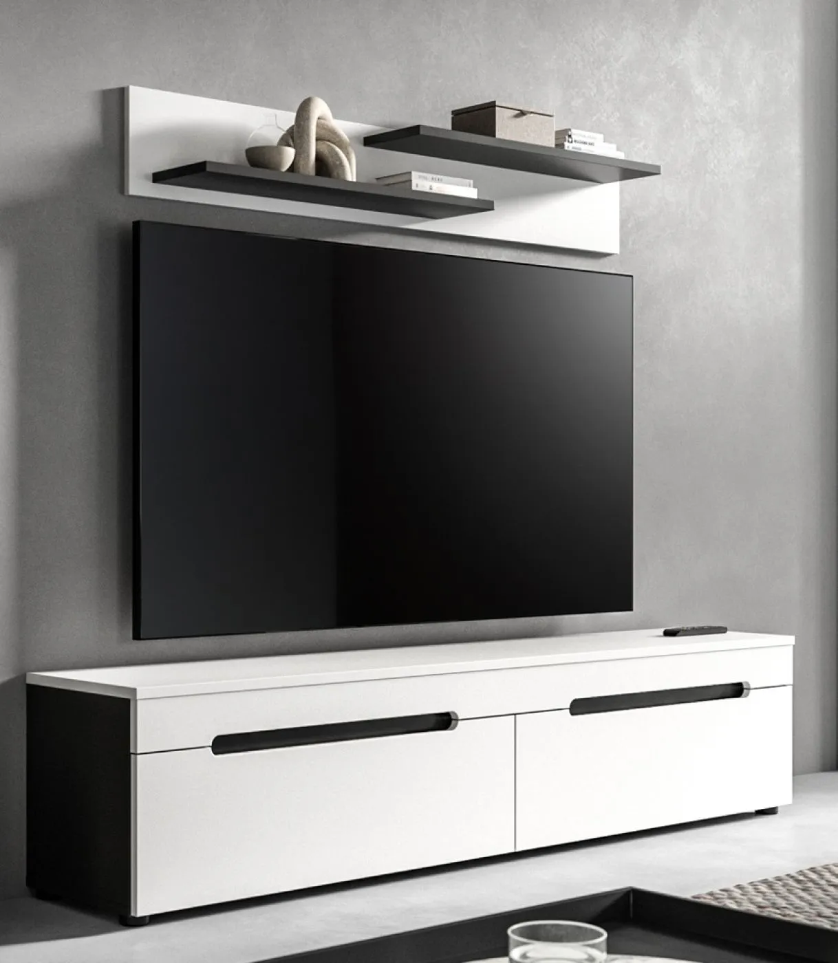 Lowboard inkl. Wandboard Canu | weiß / Basalt grau