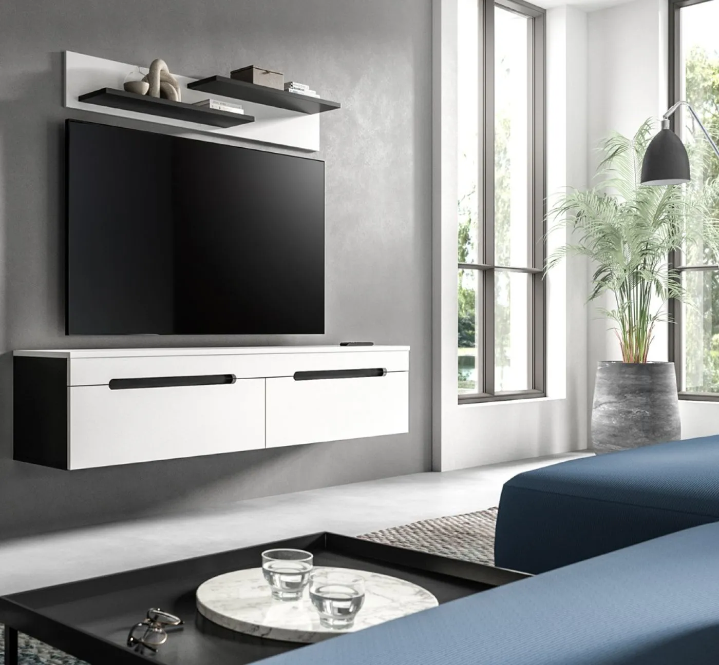 Lowboard inkl. Wandboard Canu | weiß / Basalt grau