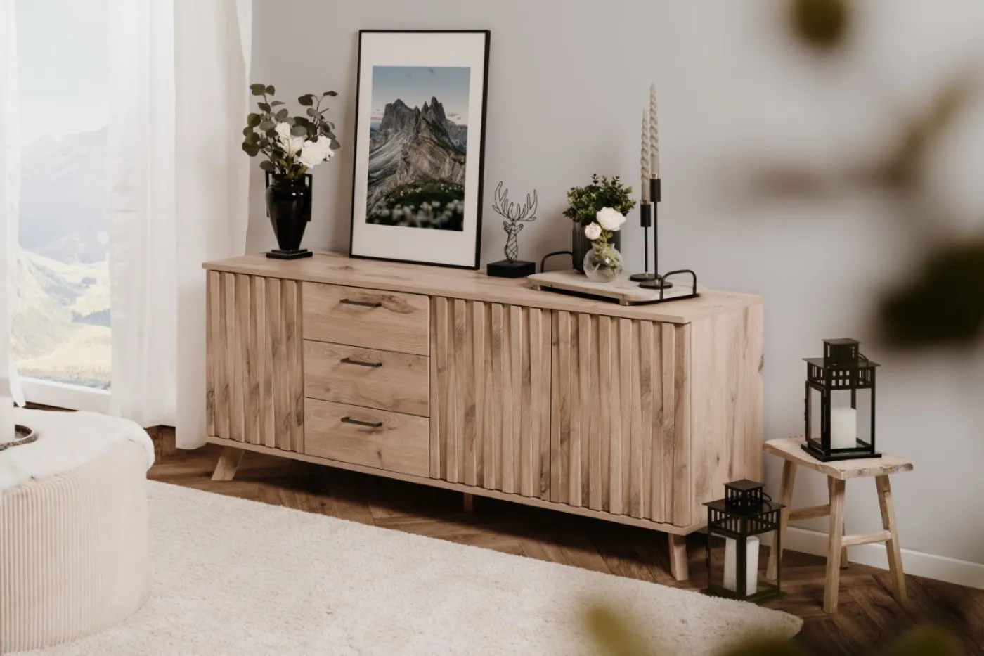 Lowboard Sideboard Wellington mit Schubkästen | mit 3D-Reliefoptik | Schwedeneiche