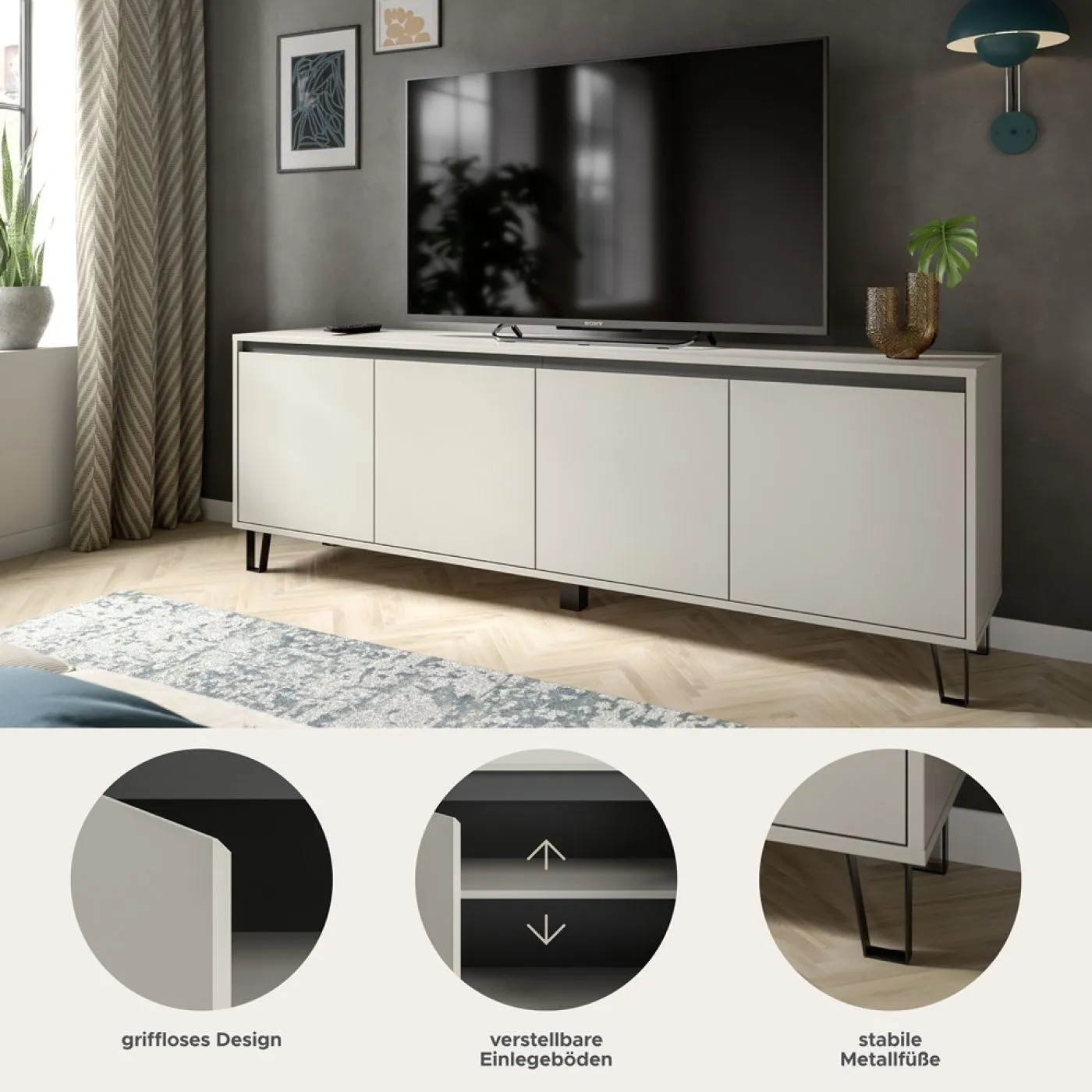 Lowboard TV-Board Balton, Kaschmir, 4-türiges Sideboard mit Keilfüßen – Ansicht 5