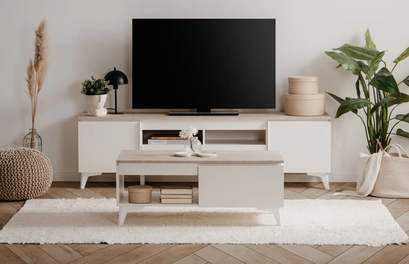 Lowboard TV-Board Bertrix | Sandstein / Weiß