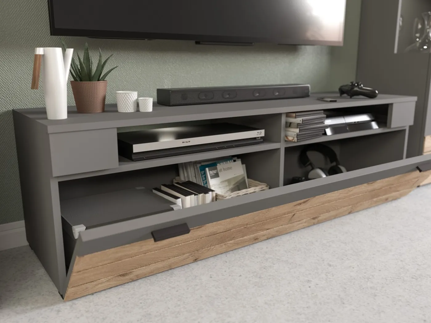 Lowboard TV-Board Freno | grau matt / Nox Oak | LED Beleuchtung