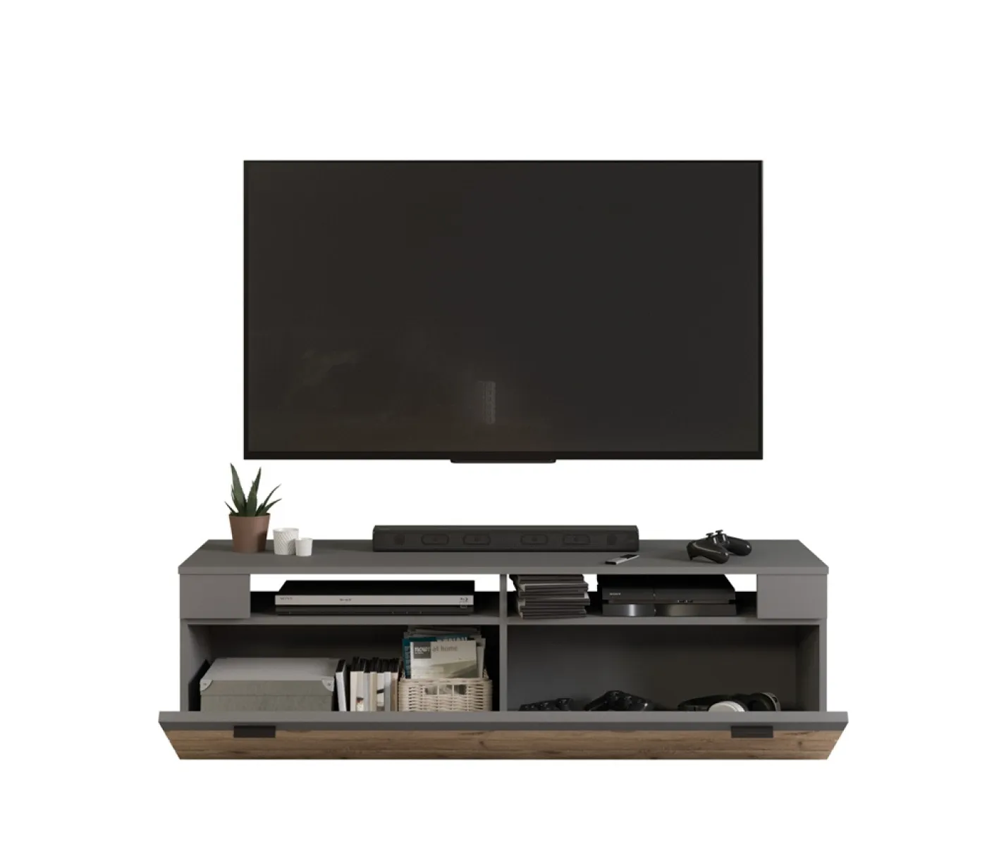 Lowboard TV-Board Freno | grau matt / Nox Oak | mit 2er Set LED Unterbauspot