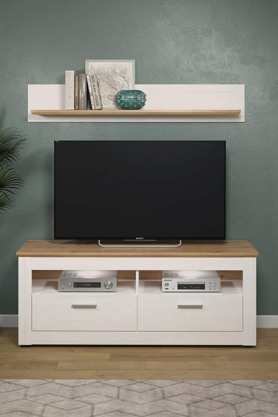 Lowboard TV-Schrank Shade | Andersen Pinie weiß / Artisan Eiche | Landhausstil | LED Beleuchtung