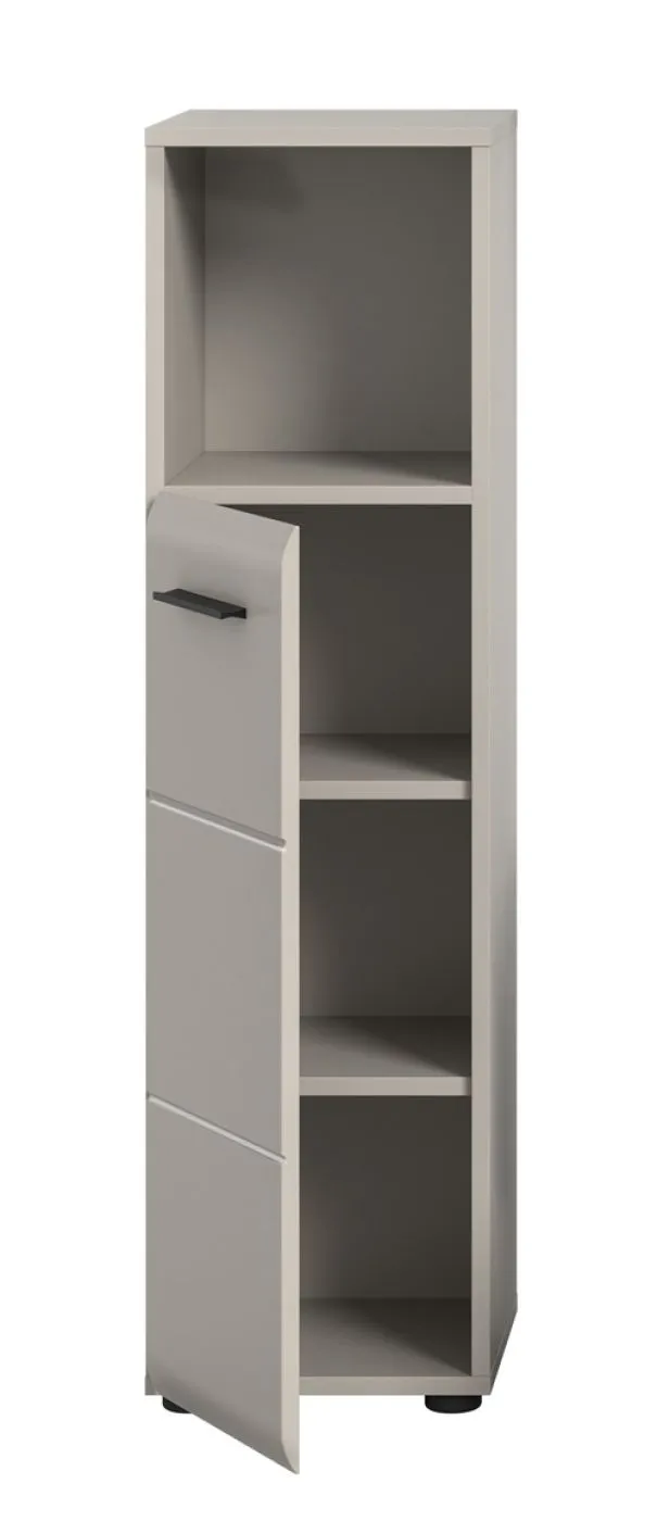 Midischrank Ice, Kaschmir matt, im Wohnzimmer, mit offener Nische und Schubkästen – Ansicht 4