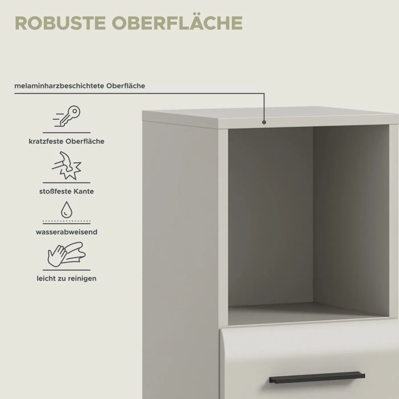 Midischrank Ice, Kaschmir matt, im Wohnzimmer, mit offener Nische und Schubkästen – Ansicht 8