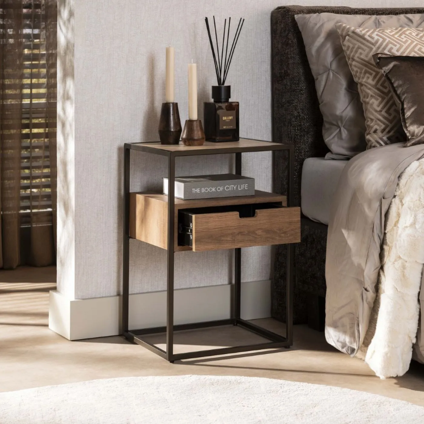 Nachttisch Firi | mit Schubkasten | Keramik travertin | Eiche