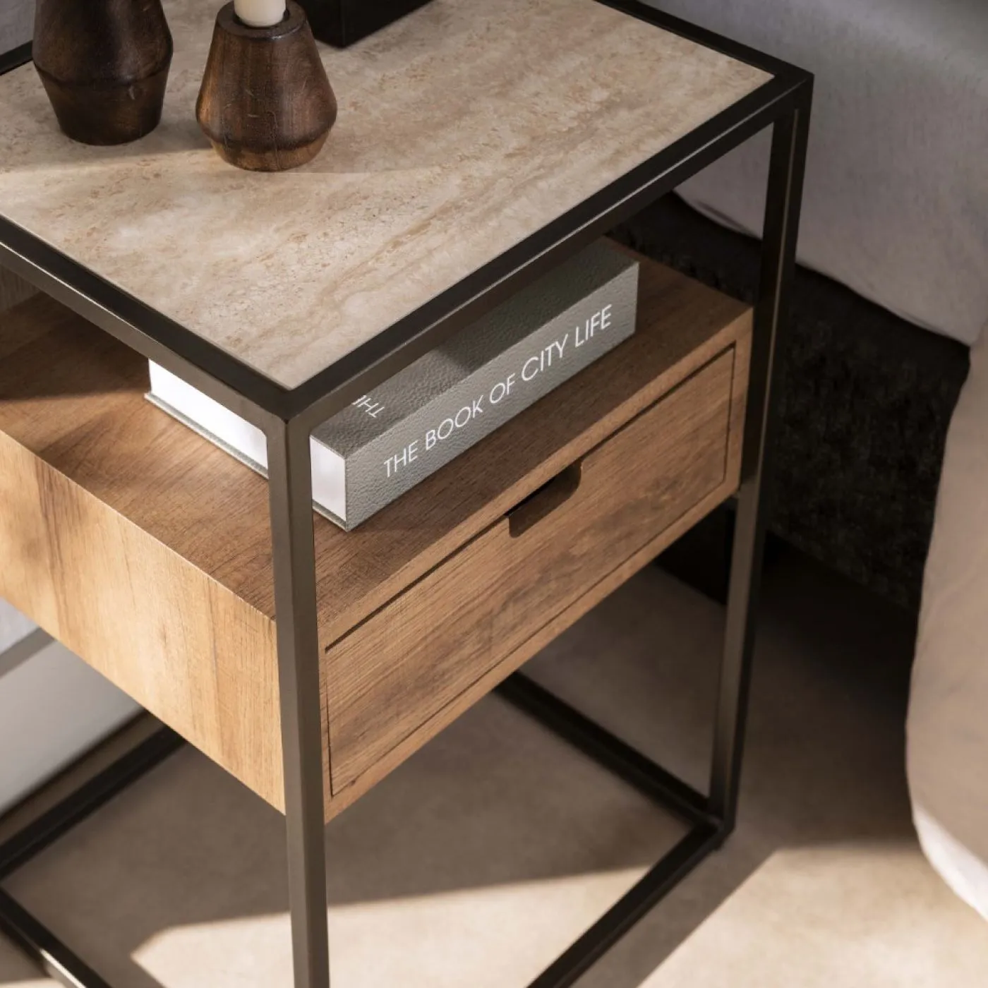 Nachttisch Firi | mit Schubkasten | Keramik travertin | Eiche