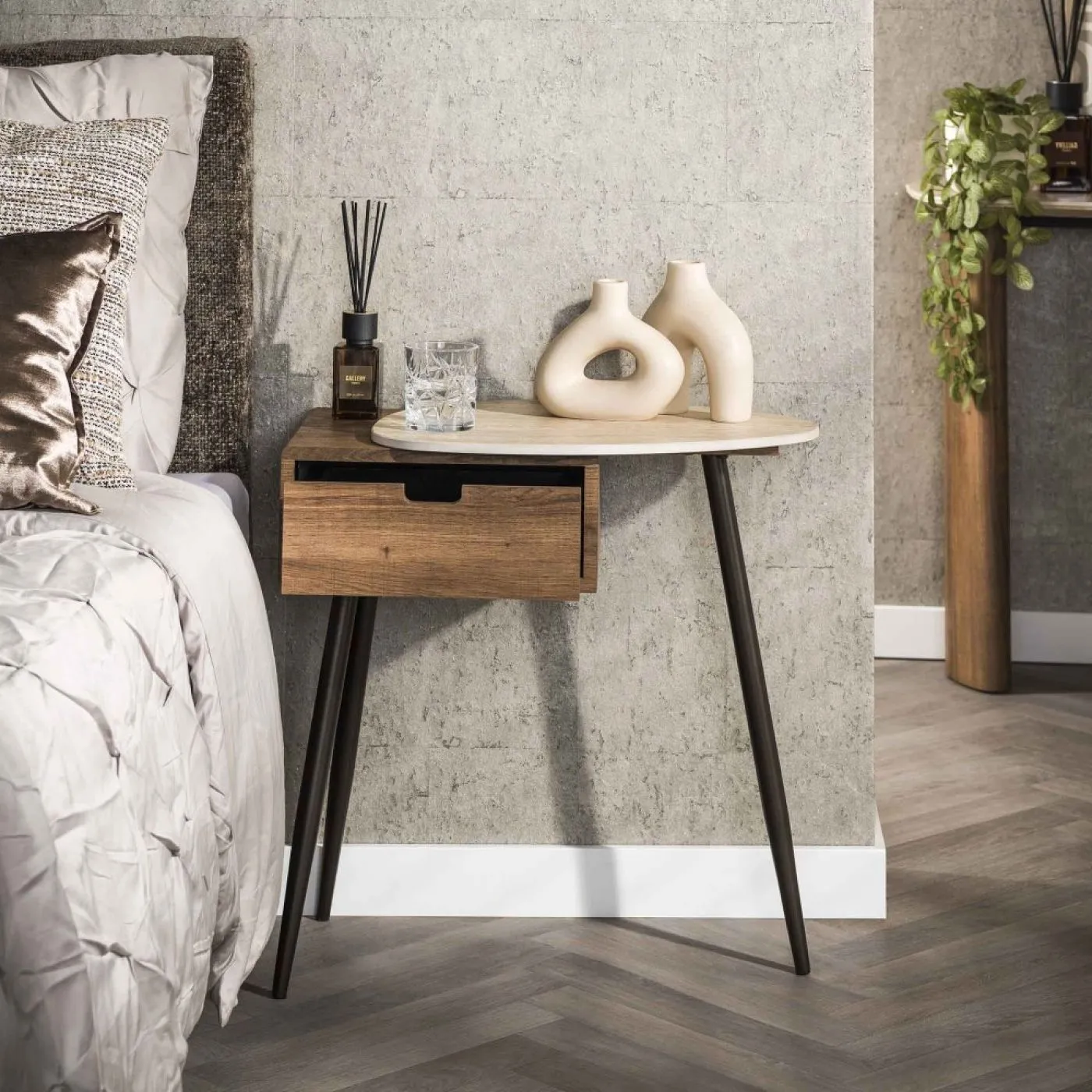 Nachttisch Pula | Rechtsseitige Tischplatte | Keramik travertin | Eiche