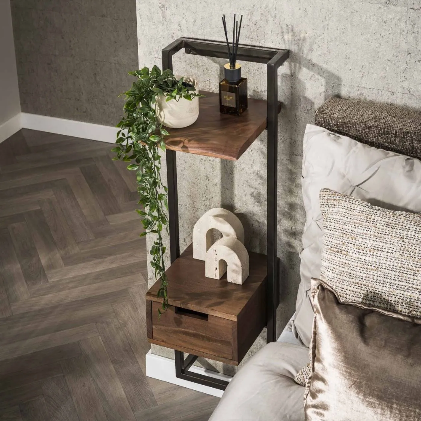 Nachttisch Stabelle | mit Schubkasten & Regal | Akazie massiv | braun