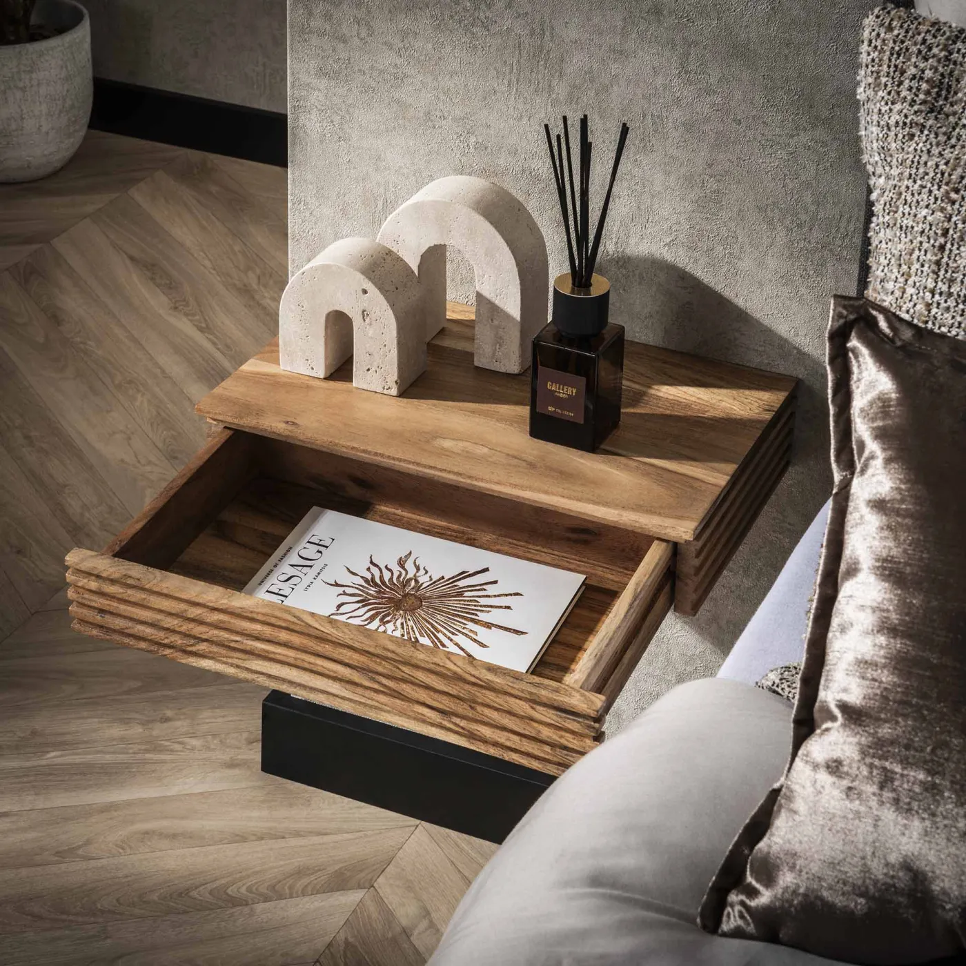 Nachttisch Waffel | mit Schublade | Akazie Massiv | Naturfarben | 40 cm