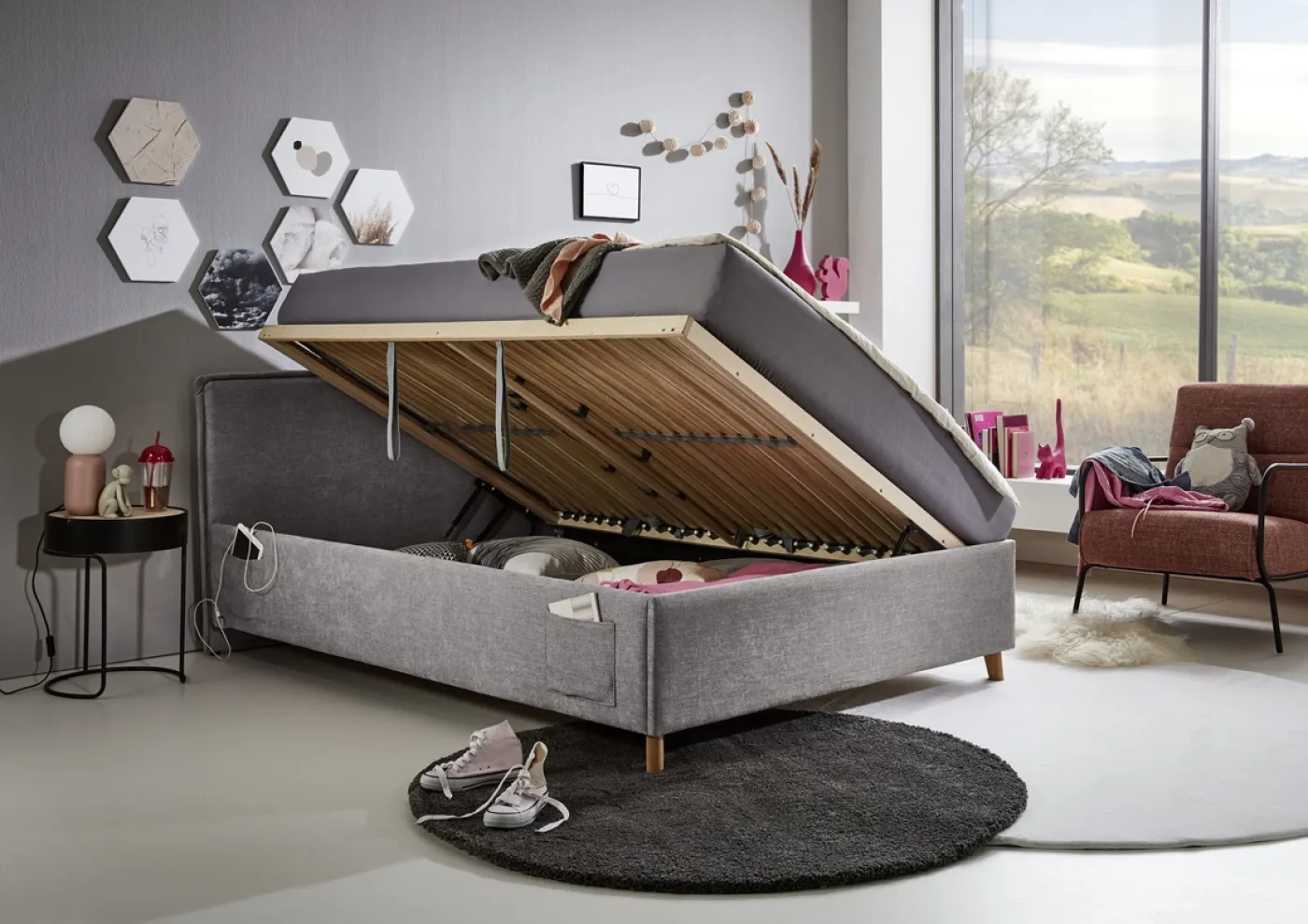 Polsterbett Fun | grau | 90 x 200 cm | ohne Rückenteil | mit Bettkasten | ohne Matratze
