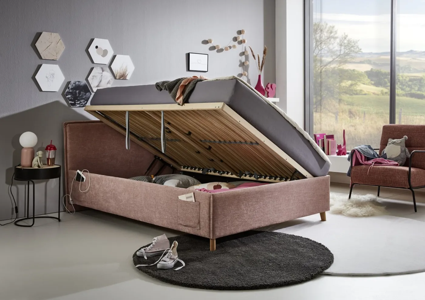Polsterbett Fun | rose | 90 x 200 cm | ohne Rückenteil | mit Bettkasten | mit Matratze