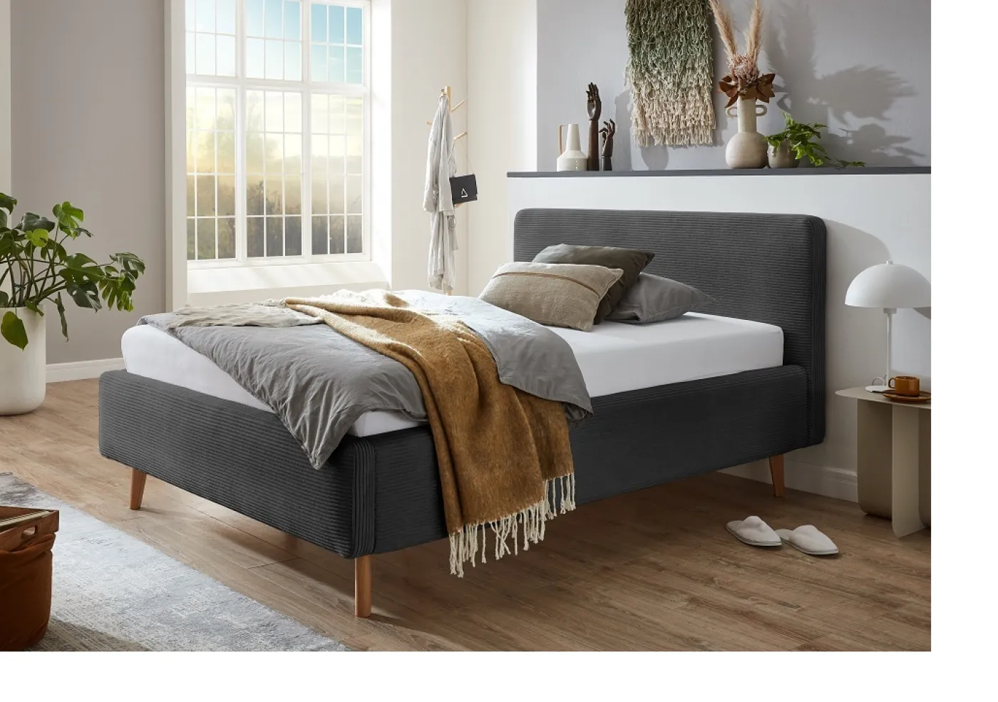 Polsterbett Mattis Cord | anthrazit | 140 x 200 cm | mit Lattenrost & Bettkasten