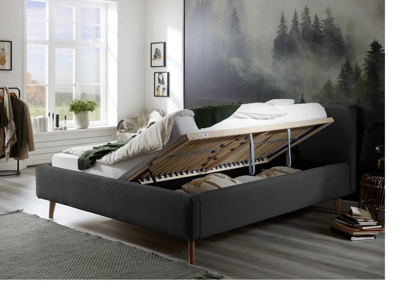 Polsterbett Mattis Cord | anthrazit | 180 x 200 cm | mit Lattenrost & Bettkasten