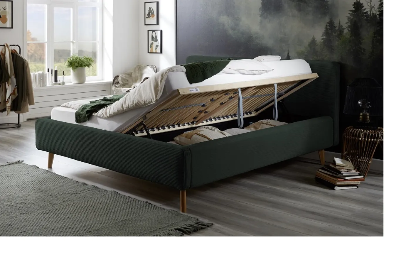Polsterbett Mattis Cord | dunkelgrün | 180 x 200 cm | mit Lattenrost & Bettkasten