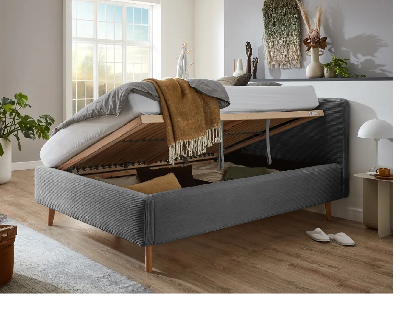 Polsterbett Mattis Cord | grau | 140 x 200 cm | mit Lattenrost & Bettkasten