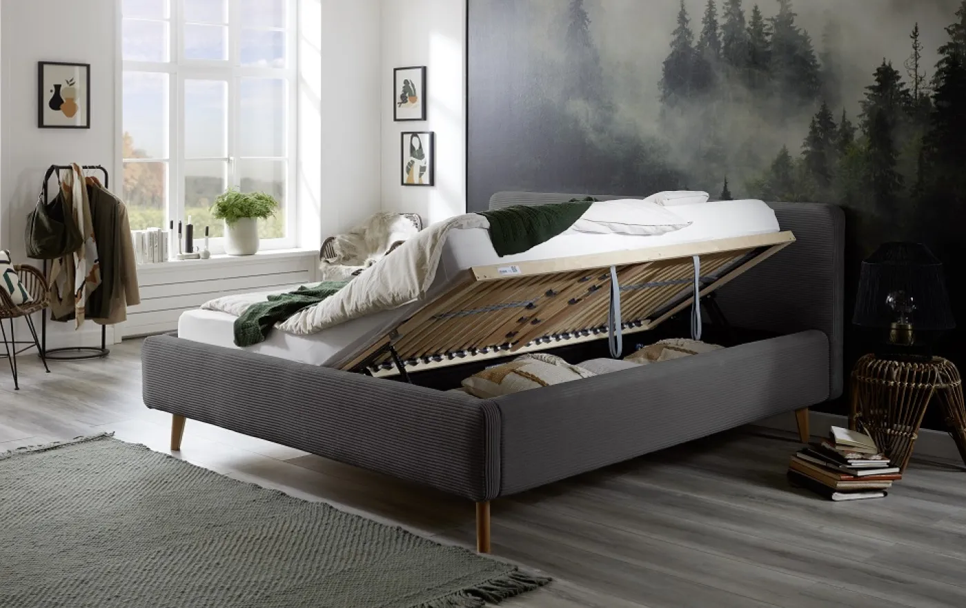 Polsterbett Mattis Cord | grau | 180 x 200 cm | mit Lattenrost & Bettkasten