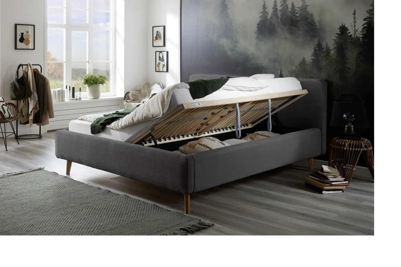 Polsterbett Mattis Cord | grau | 180 x 200 cm | mit Lattenrost & Bettkasten