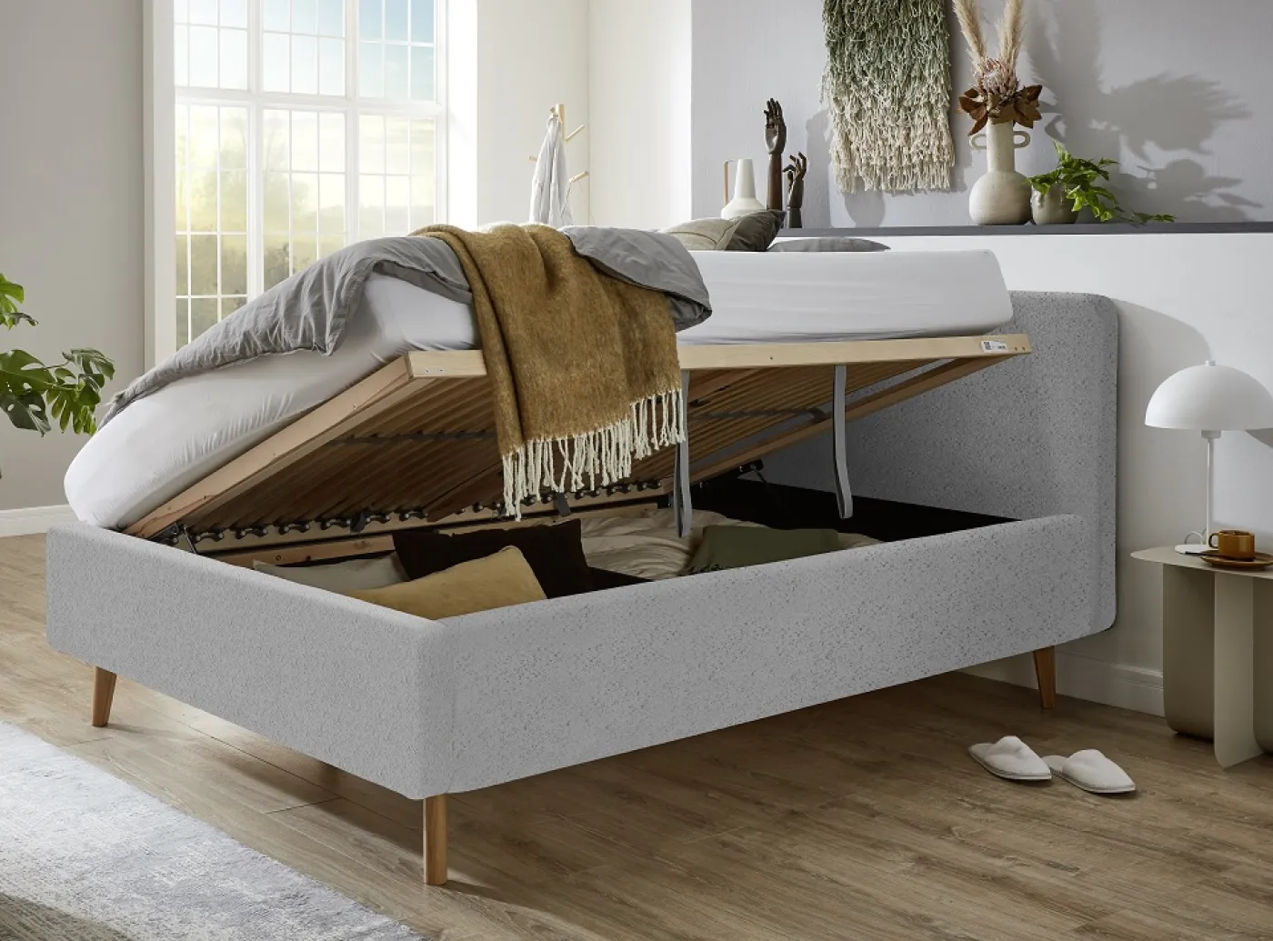 Polsterbett Mattis | grau Flausch | 160 x 200 cm | mit Lattenrost & Bettkasten