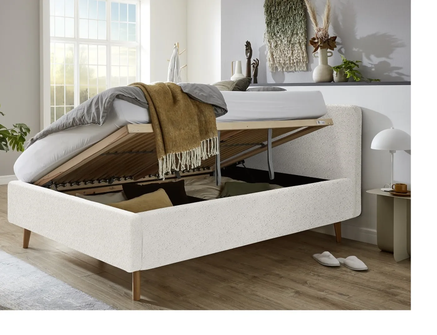 Polsterbett Mattis | weiß Flausch | 140 x 200 cm | mit Lattenrost & Bettkasten