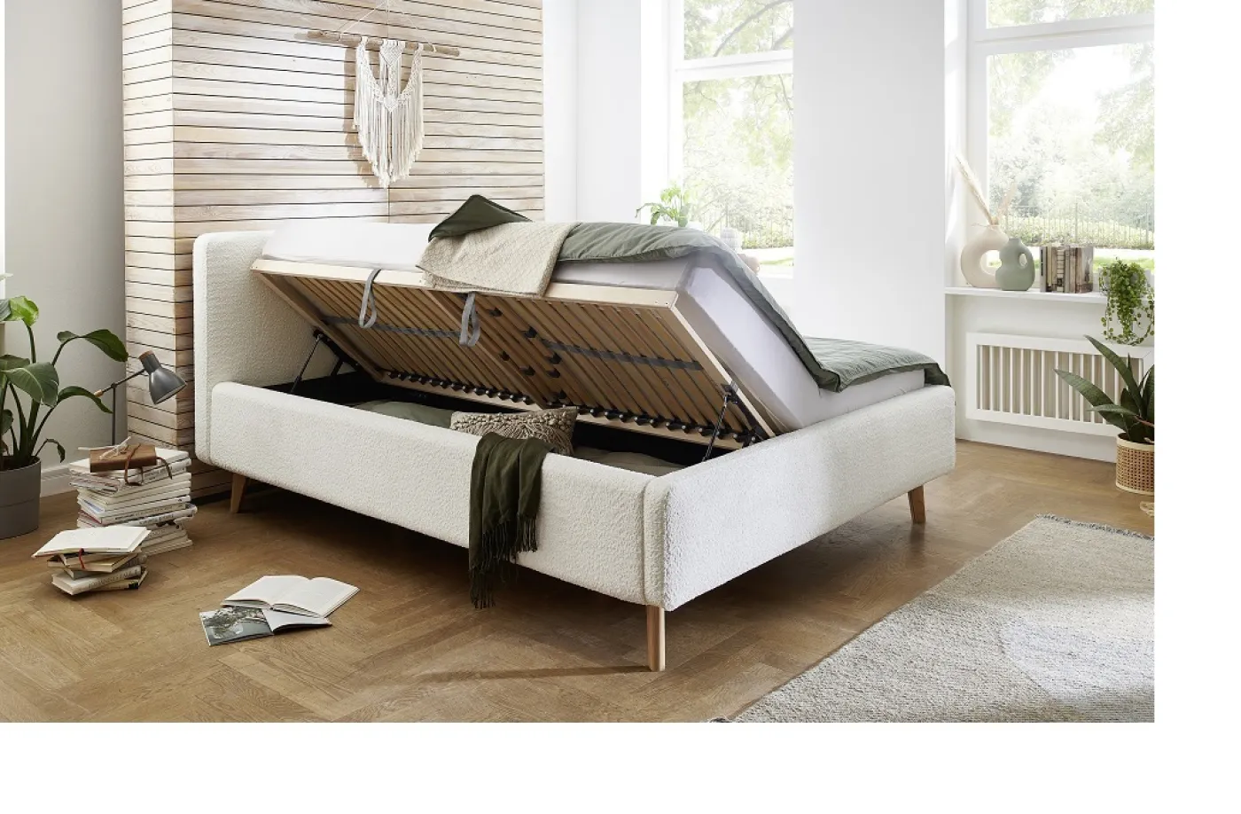 Polsterbett Mattis | weiß Flausch | 180 x 200 cm | mit Lattenrost & Bettkasten