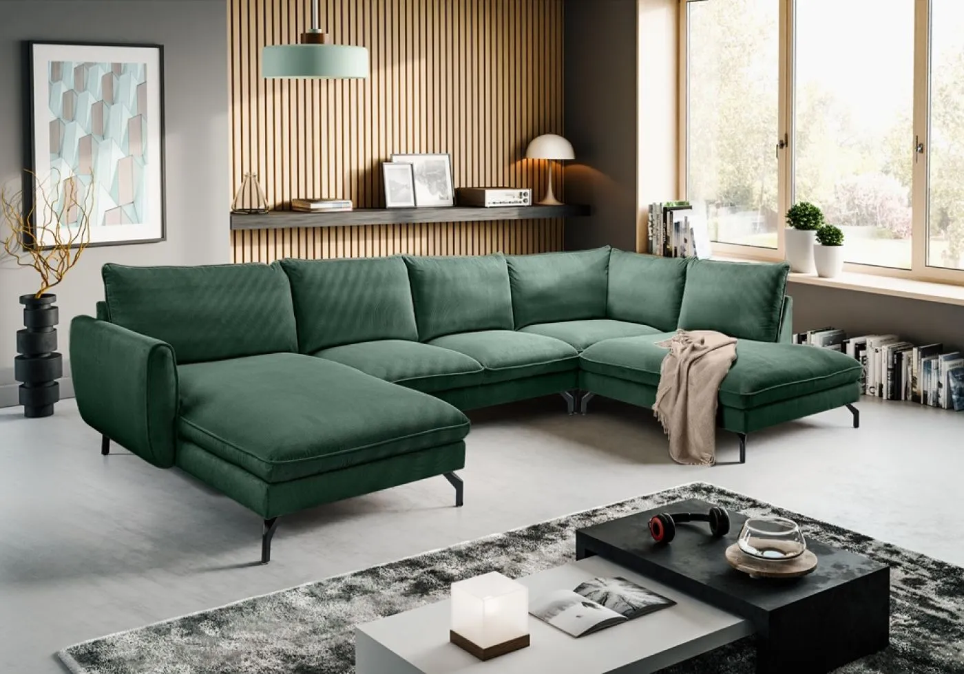 Polstersofa Toronto U-Form rechts | 202cm | Webstoff | smaragdgrün