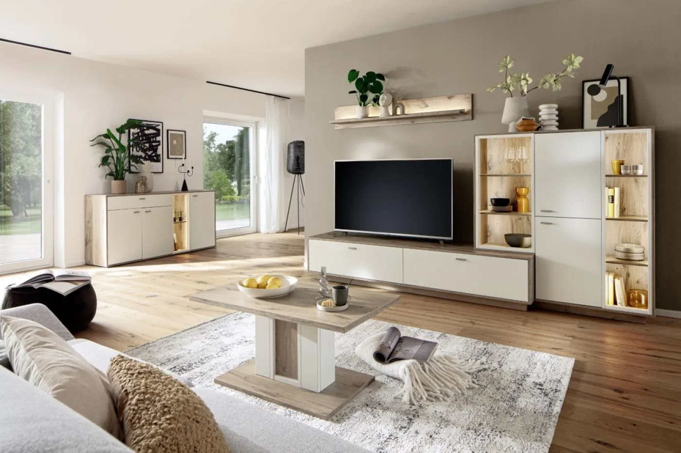 Regalschrank Highboard Santerno | Soft white / Viking Oak | mit Beleuchtung 125 cm