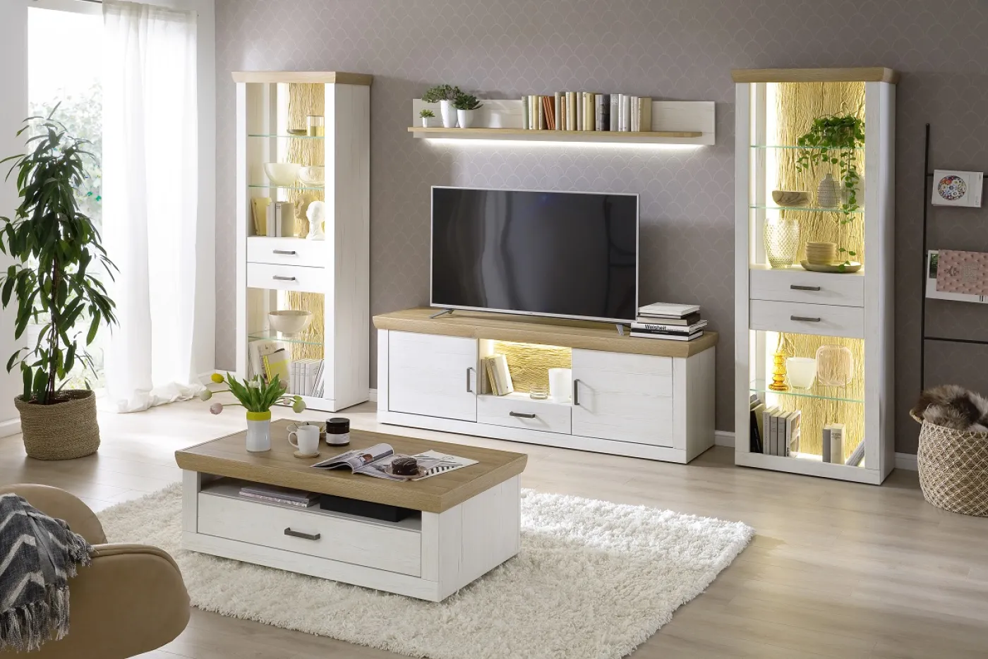 Regalschrank Madrid | Landhaus | Pinie Aurelio/ Grandson Oak | LED Beleuchtung Komplettset