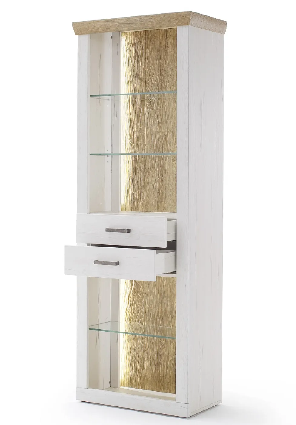 Regalschrank Madrid | Landhaus | Pinie Aurelio/ Grandson Oak | LED Beleuchtung mit 2er set LED Band 70 cm