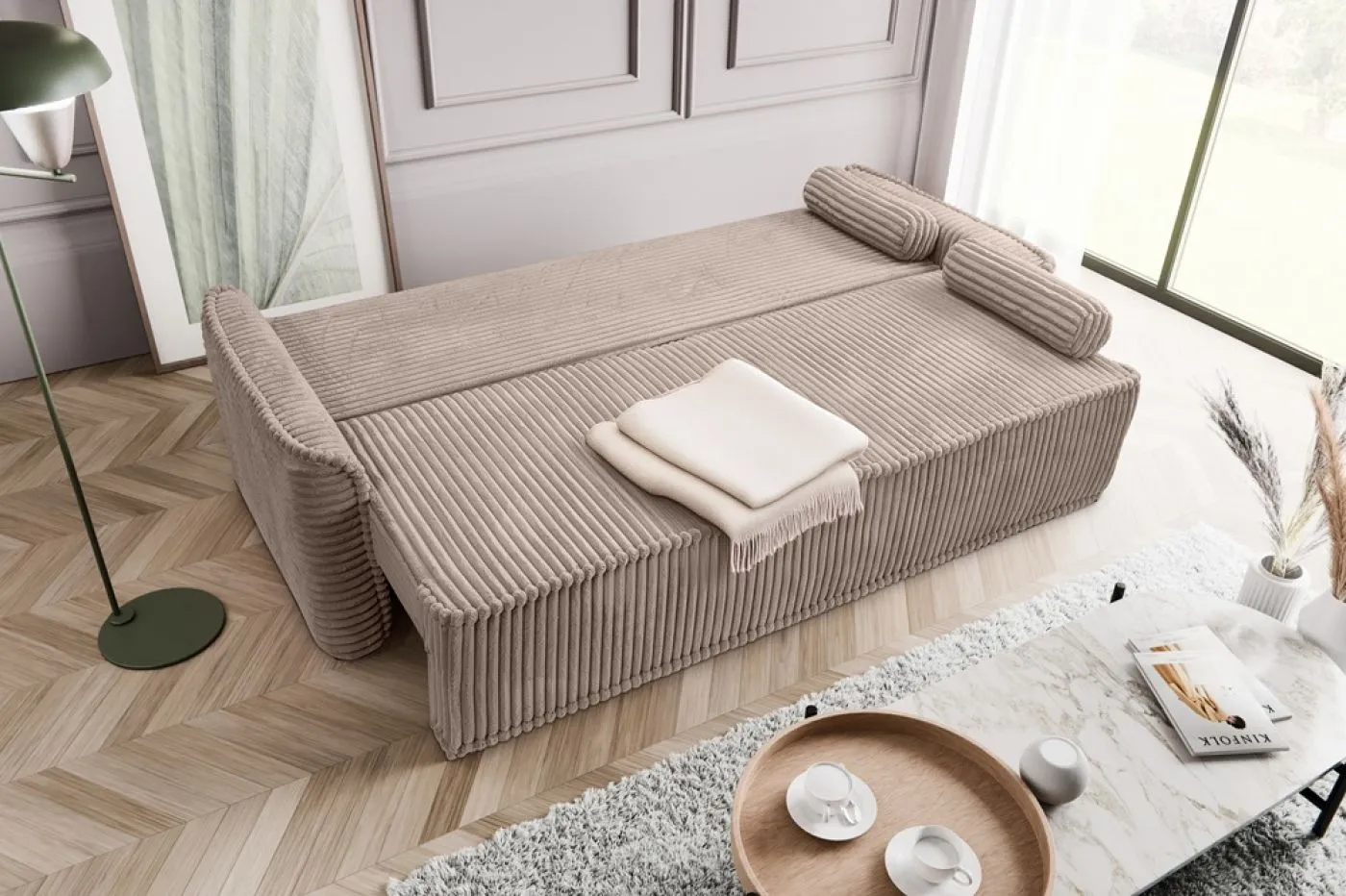 Schlafsofa 3-Sitzer Grubs | 225cm | Cord | grau-beige