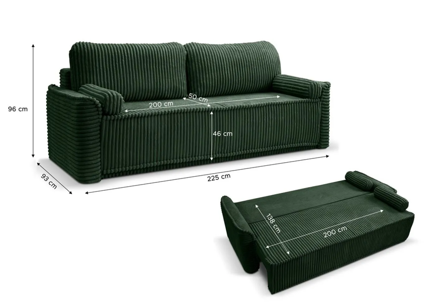 Schlafsofa 3-Sitzer Grubs | 225cm | Cord | smaragdgrün