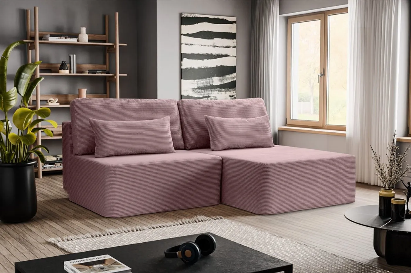Schlafsofa Amsterix L-Form rechts | 213cm | Cord | altrosa