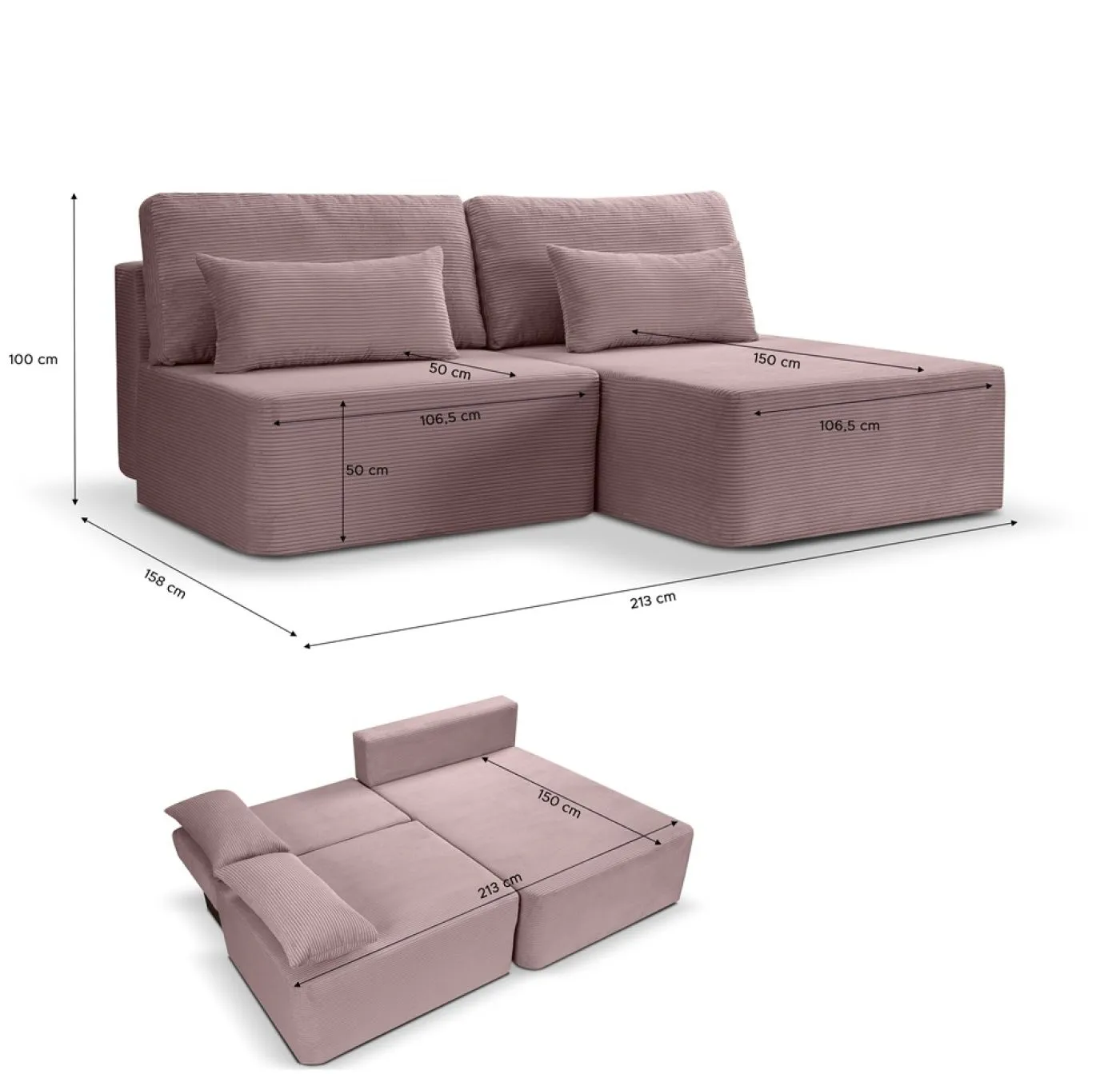 Schlafsofa Amsterix L-Form rechts | 213cm | Cord | altrosa
