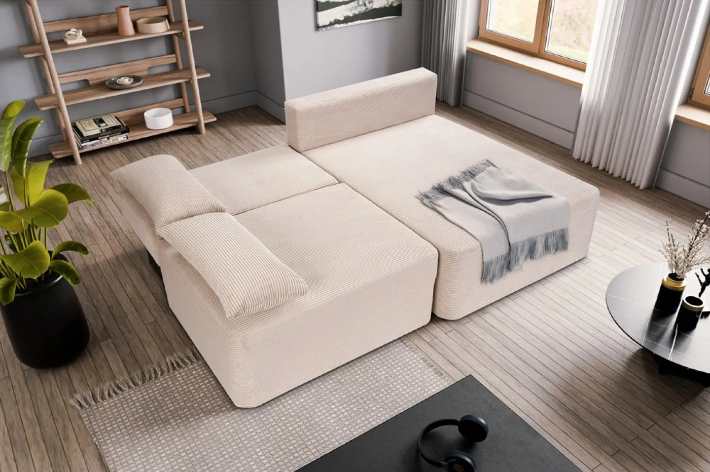 Schlafsofa Amsterix L-Form rechts | 213cm | Cord | grau-beige