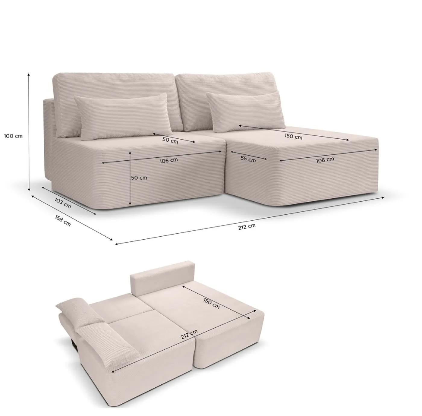 Schlafsofa Amsterix L-Form rechts | 213cm | Cord | grau-beige