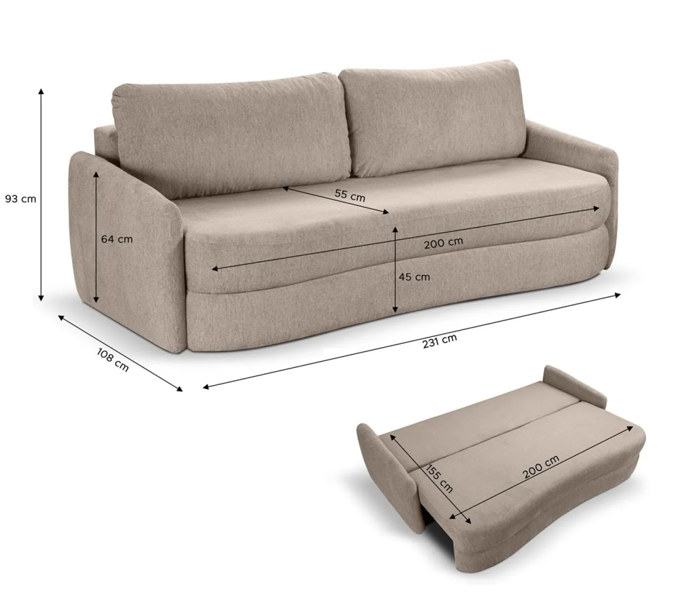Schlafsofa Diana 3-Sitzer | 231cm | Strukturstoff | beige