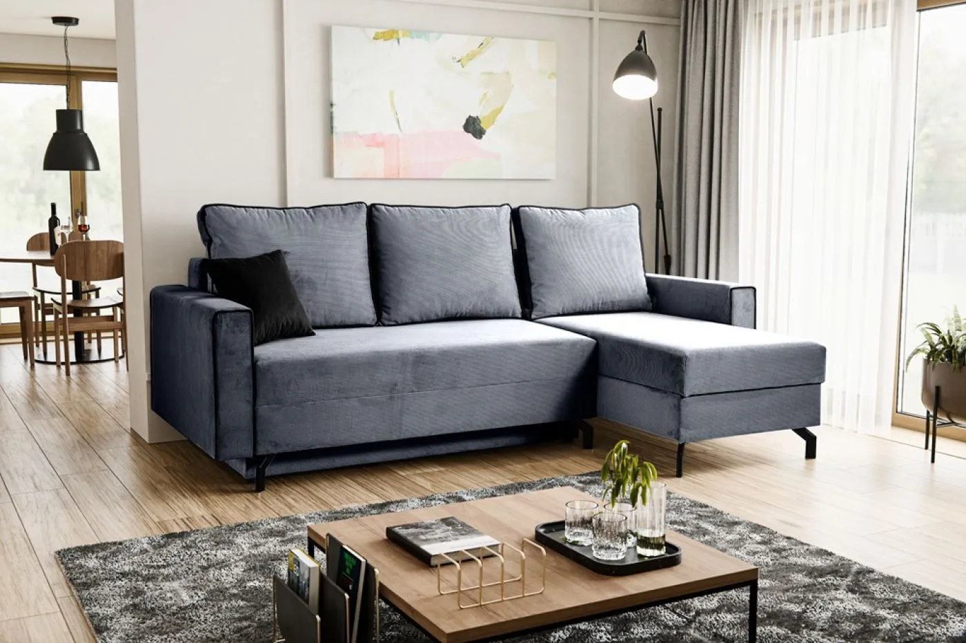 Schlafsofa Marti L-Form rechts | 230cm | Cord | blau-grau