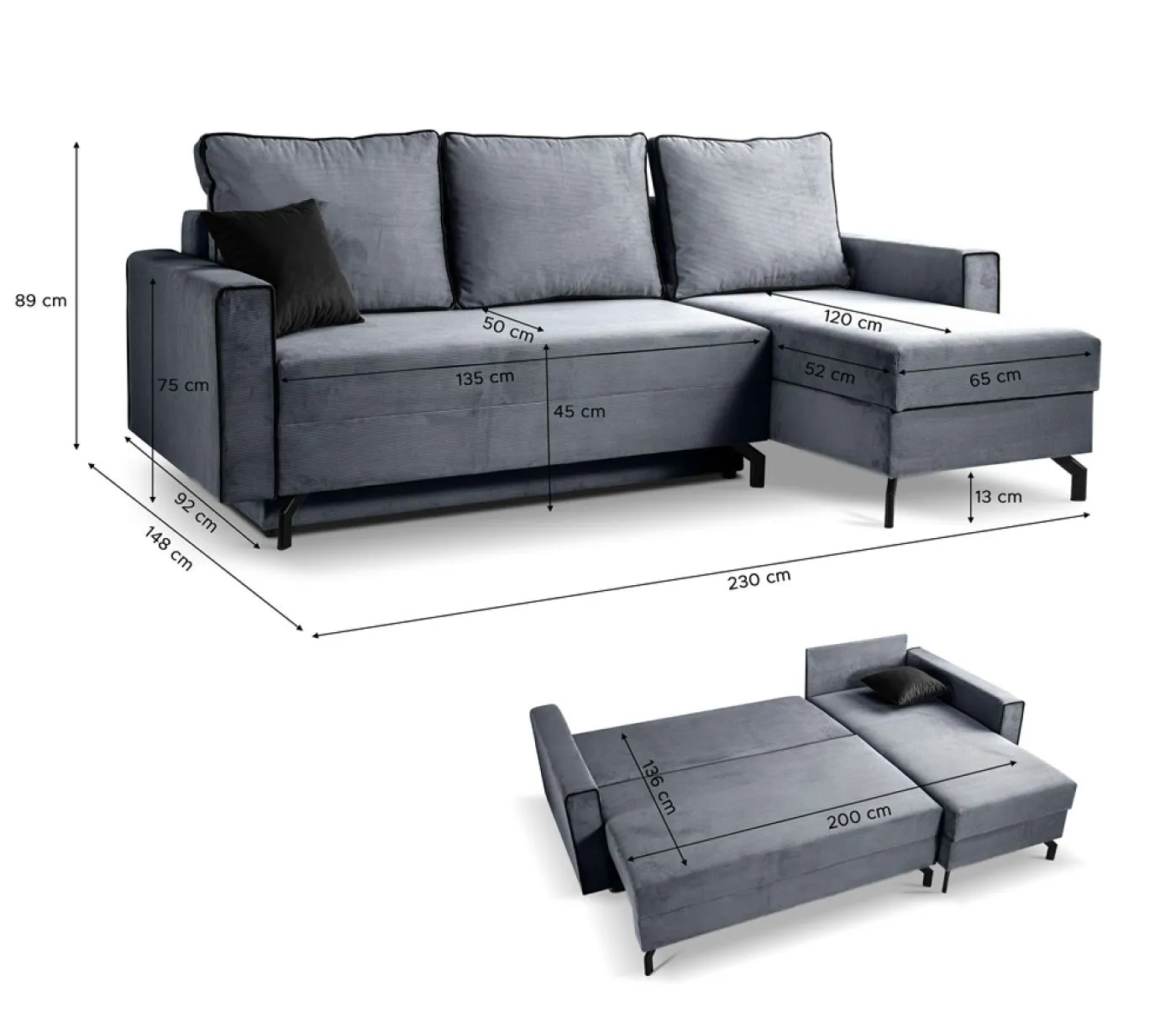 Schlafsofa Marti L-Form rechts | 230cm | Cord | blau-grau