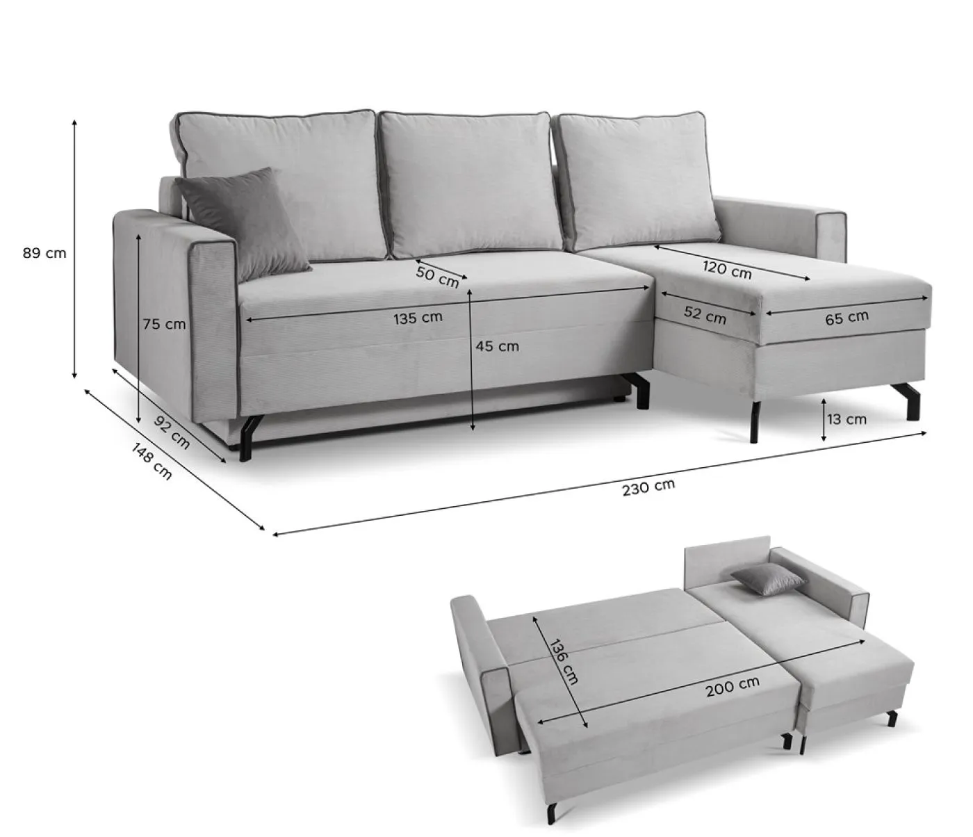 Schlafsofa Marti L-Form rechts | 230cm | Cord | hellgrau