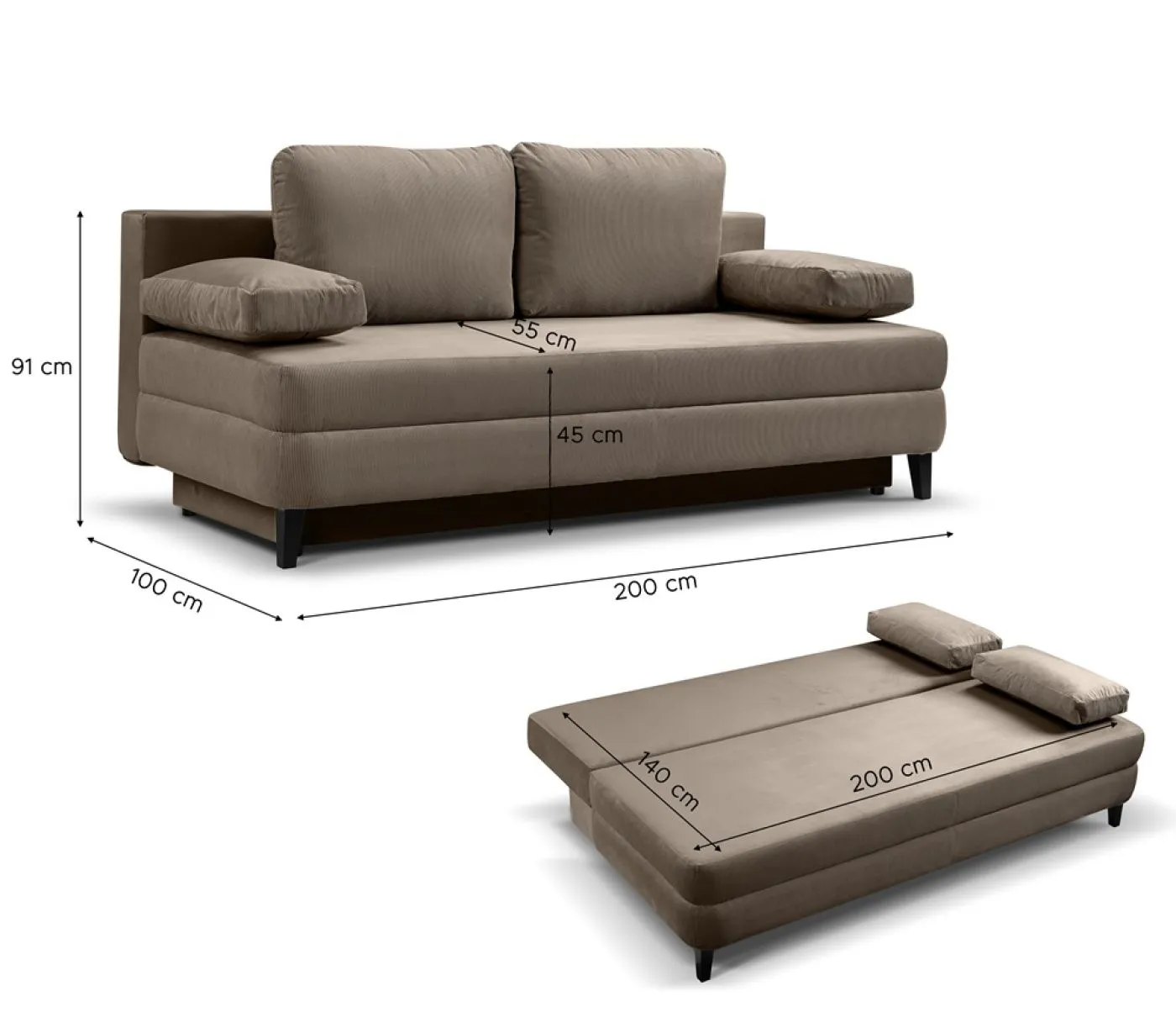Schlafsofa Sorto 2,5-Sitzer | 200cm | Cord | braun-beige