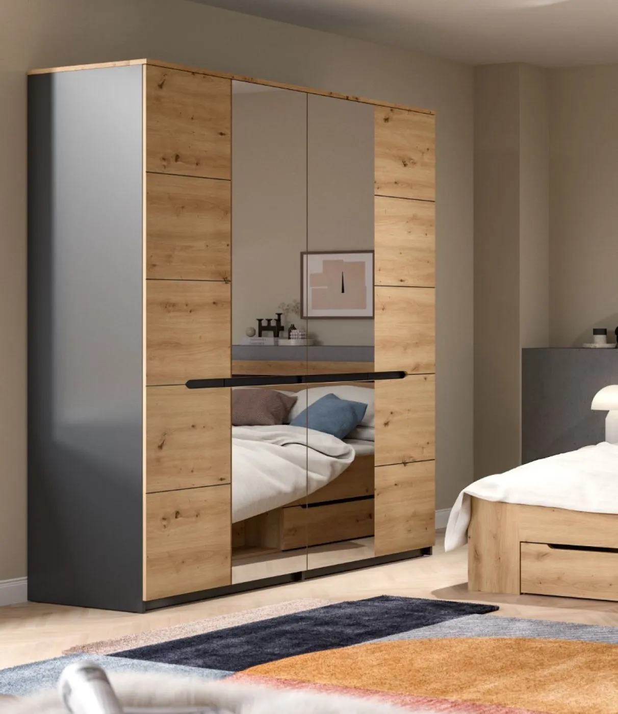 Schlafzimmer-Set Canu (L) | Kleiderschrank mit Spiegeltüren | artisan / Basalt grau | 4-teilig