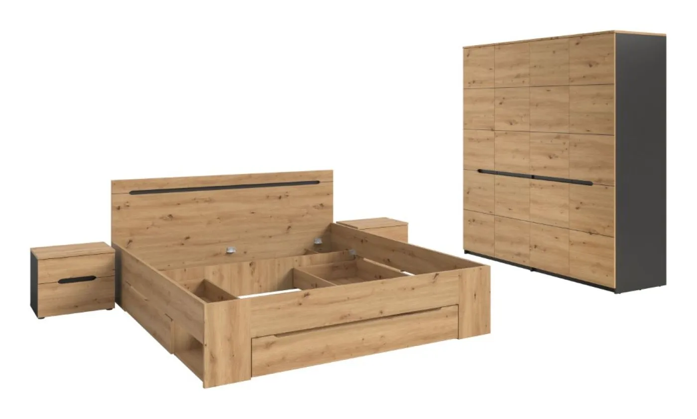 Schlafzimmer-Set Canu (L) | mit Kleiderschrank | artisan / Basalt grau | 4-teilig