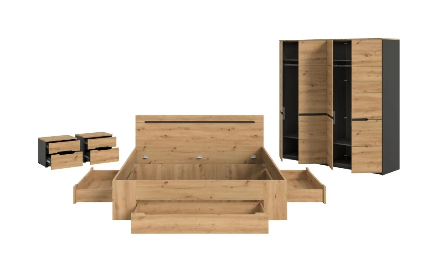 Schlafzimmer-Set Canu (L) | mit Kleiderschrank | artisan / Basalt grau | 4-teilig