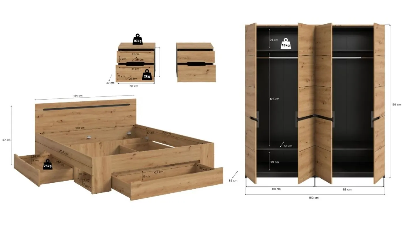 Schlafzimmer-Set Canu (L) | mit Kleiderschrank | artisan / Basalt grau | 4-teilig