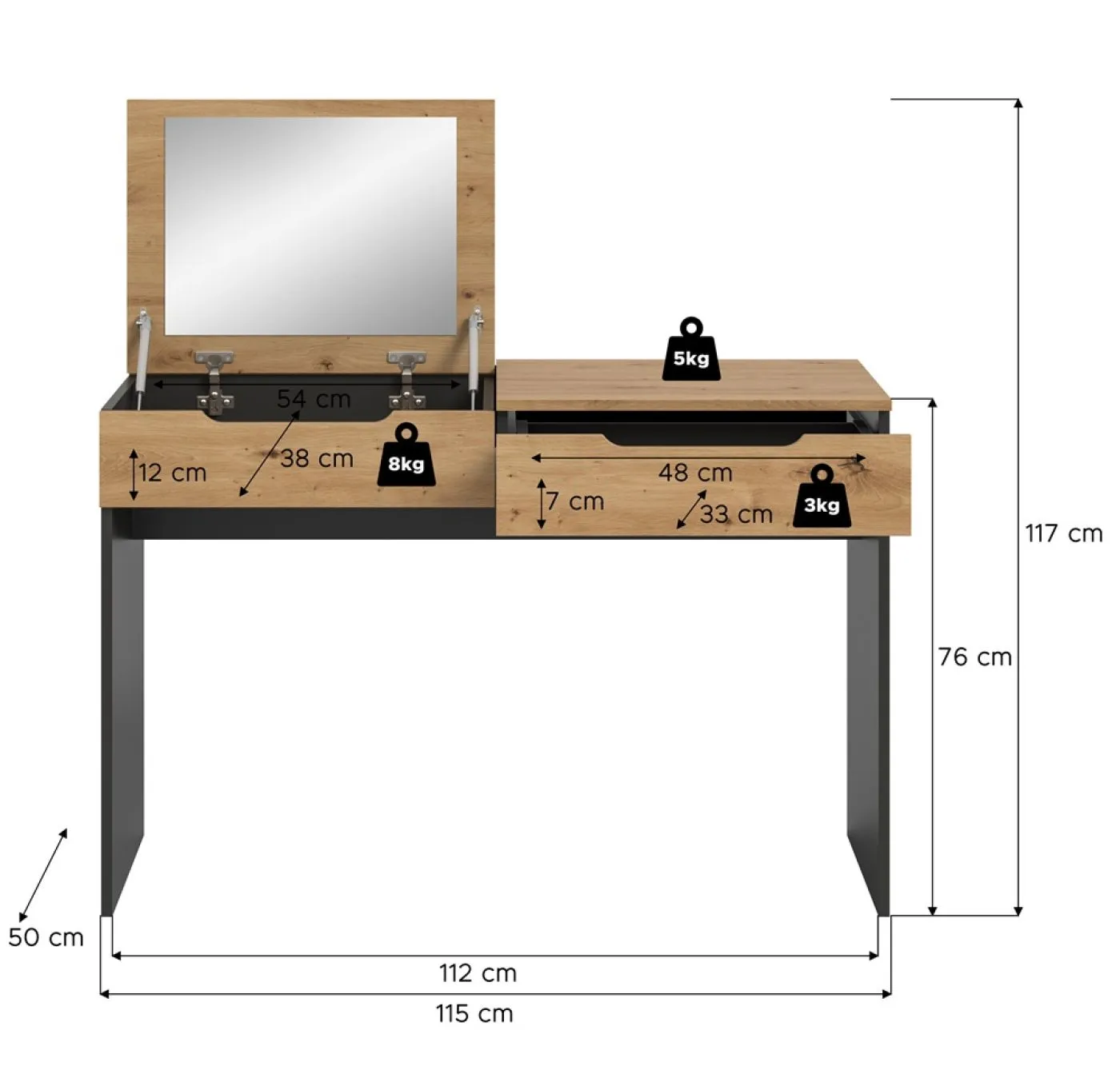 Schminktisch Canu mit Spiegel | grau / Artisan Eiche