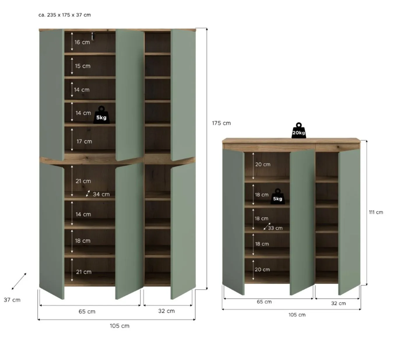 Schrankkombination Scarpa 2 | 2-teilig | Smoke green / Evoke Eiche