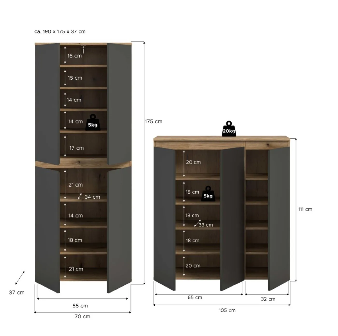 Schrankkombination Scarpa | 2-teilig | anthrazit / Evoke Eiche