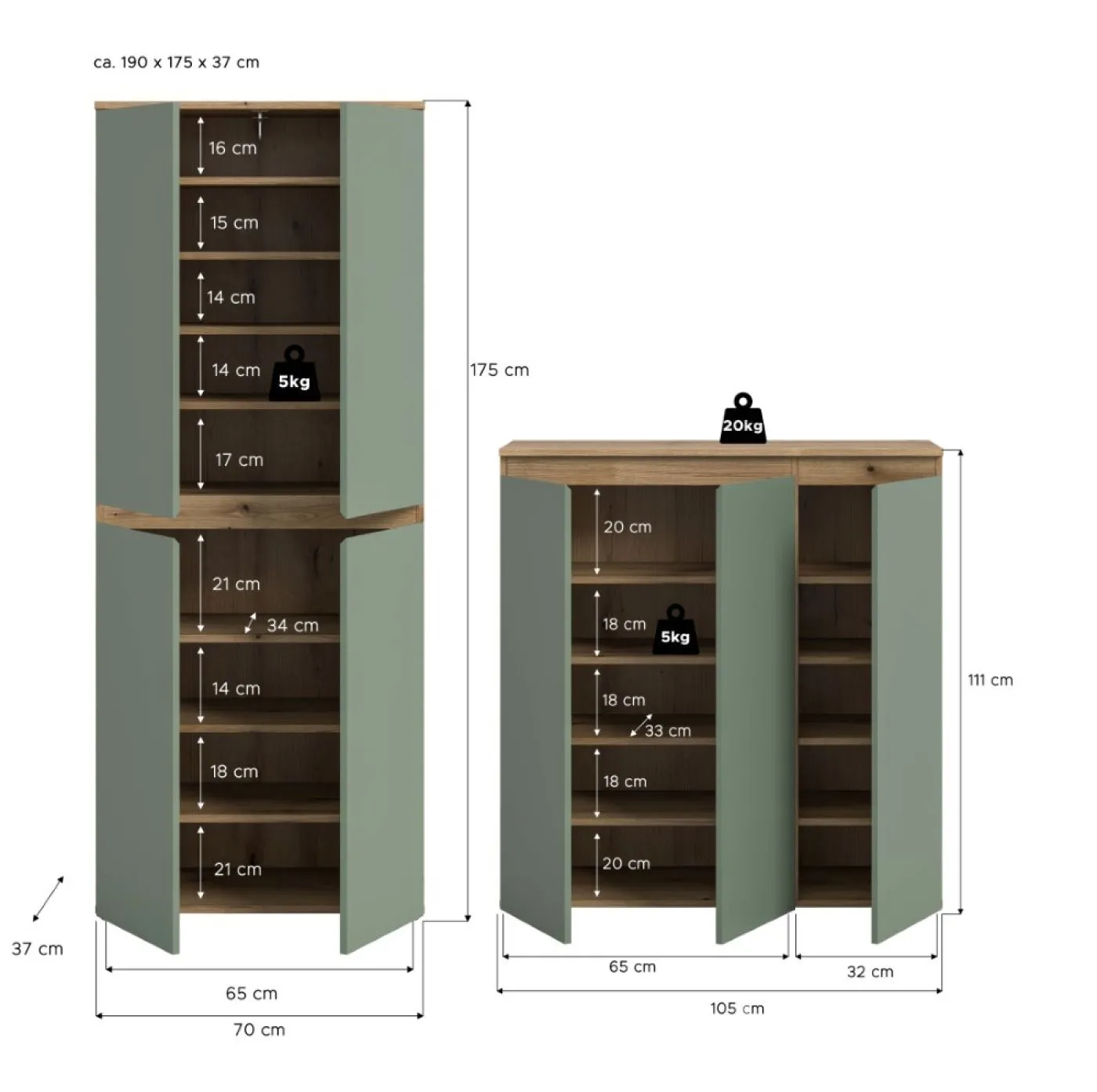 Schrankkombination Scarpa | 2-teilig | Smoke green / Evoke Eiche